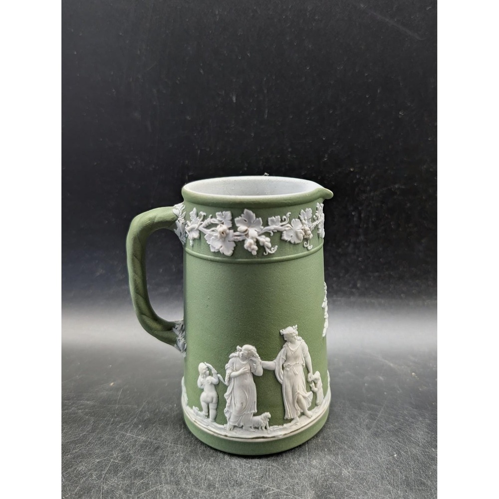 Antique Wedgwood Sage‎ Green Jasperware Pitcher Neoclassical Sacrifice England